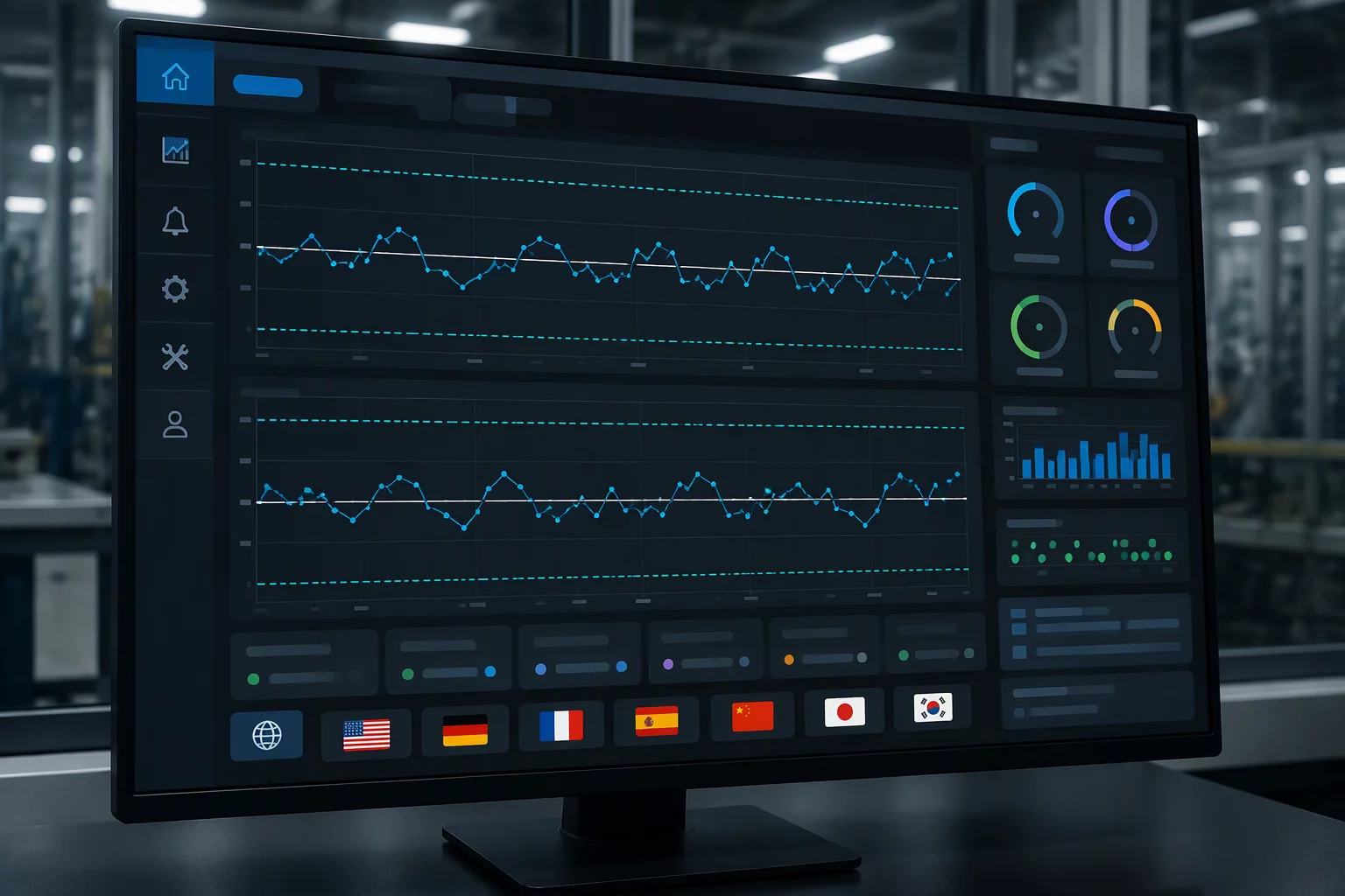 Real time statistical process control dashboard with multilingual interface indicators