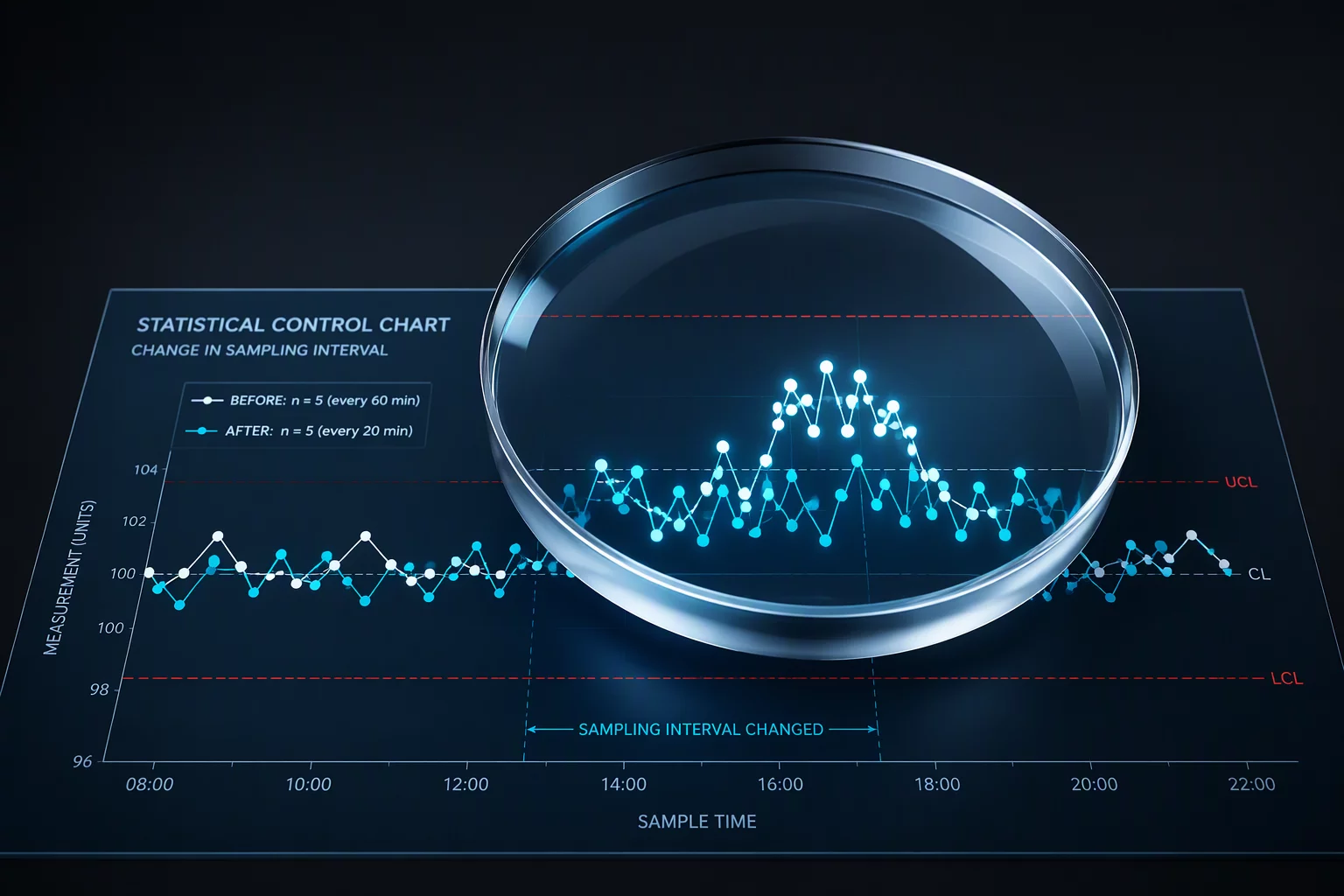 Graphical demonstration of sampling frequency impact on statistical process control charts